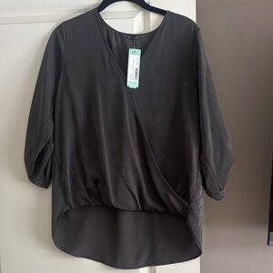 West Kei Satin Surplice Wrap Blouse Olive Gray Size Small NWT